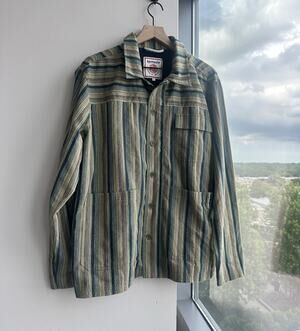 Komodo Kathmandu Cotton Woven Green Blue Beige Striped Button Up Long Sleeve L